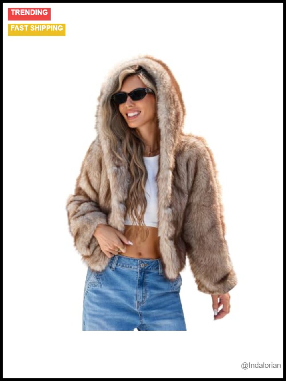 Womens Cropped Faux Fur Coat Hood Open Front Fluffy Jacket